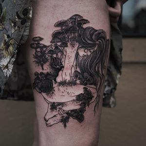 Illustrative tattoo by Ruby Wolfe #RubyWolfe #illustrative #mushroom #lady #nature #darkart