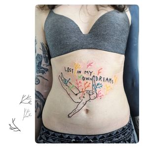 Stomach tattoo by Alien Poeme #AlienPoeme #quote #body #plants #color #watercolor #linework #illustrative #sexualassaultawarenesstattoo #sexualassaultsurvivortattoo #survivortattoo #tattoosforstrength #selflove #empoweringtattoos