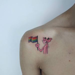 Pink Panther and Pride Flag tattoo by Maands Tattoos #Maandstattoos #pinkpanther #pride #flag #lgbtq #lgbtqia #cartoon #illustrative #sexualassaultawarenesstattoo #sexualassaultsurvivortattoo #survivortattoo #tattoosforstrength #selflove #empoweringtattoo