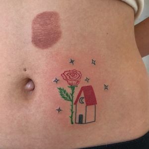 House tattoo by gentlepokes #gentlepokes #hous #moon #rose #stars #handpoke #sexualassaultawarenesstattoo #sexualassaultsurvivortattoo #survivortattoo #tattoosforstrength #selflove #empoweringtattoos