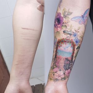 Self harm scar cover up tattoo by Tattooist Silo #TattooistSilo #heaven #garden #butterfly #flower #door #ocean #landscape #selfharmscarcoverup #coveruptattoo #scarcoverup  #sexualassaultawarenesstattoo #sexualassaultsurvivortattoo #survivortattoo #tattoo