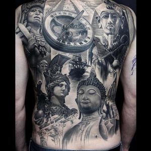 Black and Grey Realism tattoo by Kari Barba #KariBarba #blackandgrey #realism #realistic #Illustrativerealism #compass #egyptian #sculpture #roman #ship #buddha #portrait #mayan #aztec