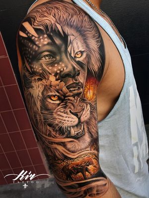 Africa tattoo by Kir Tattoo #KirTattoo #portrait #realism #blackandgrey #color #landscape #lion #portrait #karotribe #karo #africa #african