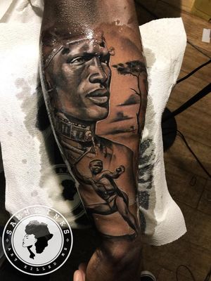 African warrior tattoo by Sammy Inks #SammyInks #warrior #symboltattoo #africatattoo #african #portrait #blackandgrey #masai