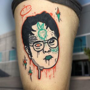 Trippy tattoo by Cosmo Cam #CosmoCam #trippy #surreal #weird #unique #color #psychedelic #cartoon #newschool #popculture #theoffice #dwightschrute #beets 