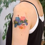 Watercolor tattoo by 9room #9room #watercolor #color #unique #nature #lotus #water #landscape #floral #flowers