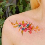 Watercolor tattoo by 9room #9room #watercolor #color #unique #nature #floral #flowers #shoulder