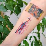 Watercolor tattoo by 9room #9room #watercolor #color #unique #nature #landscape #rainbow #mountains #trees