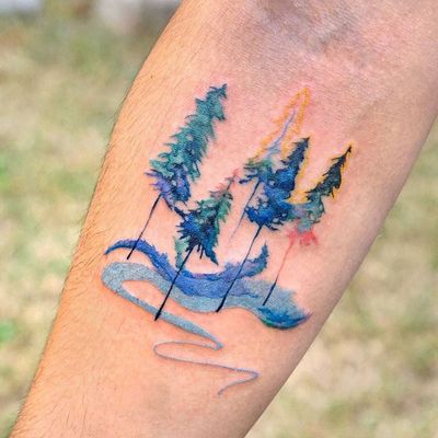 Watercolor tattoo by 9room #9room #watercolor #color #unique #nature #trees #landscape #water