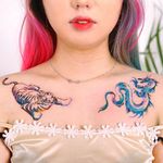 Watercolor tattoo by 9room #9room #watercolor #color #unique #nature #chest #tiger #dragon 