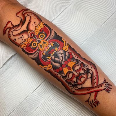 Nepalese flayed man tattoo by Swasthik Iyengar aka Gunga Ma #SwasthikIyengar #GungaMa #color #traditional #Hindu #sacredsymbols #sacrediconography #Nepalese #flayedman #man #surreal #deity #death #samsara