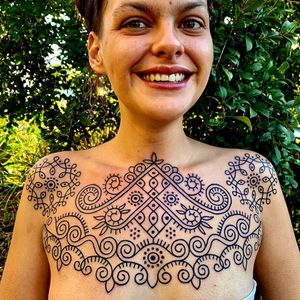 Pattern work tattoo by Swasthik Iyengar aka Gunga Ma #SwasthikIyengar  #GungaMa #color #traditional #Hindu #sacredsymbols #sacrediconography #pattern #blackwork #folkart #floral #dotwork #linework