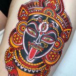 Kali tattoo by Swasthik Iyengar aka Gunga Ma #SwasthikIyengar #GungaMa #color #traditional #Hindu #sacredsymbols #sacrediconography #kali #portrait #crown #pattern #skulls #thirdeye
