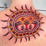 Surreal sun tattoo by Swasthik Iyengar aka Gunga Ma #SwasthikIyengar #GungaMa #color #traditional #Hindu #sacredsymbols #sacrediconography #sun #surreal #portrait #backtattoo