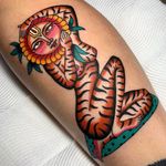 Tiger lady tattoo by Swasthik Iyengar aka Gunga Ma #SwasthikIyengar #GungaMa #color #traditional #Hindu #sacredsymbols #sacrediconography #tiger #lady #surreal #floral