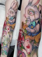 Alice in Wonderland tattoo sleeve by Dani Green #DaniGreen #aliceinnwonderland #whiterabbit #rose #clock #cat #alice #newschool #neotrad #color
