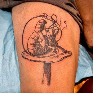 Absolem the caterpillar tattoo by Eric Guntor #EricGuntor #illustrative #blackwork #caterpillar #mushroom #aliceinwonderland #hookah