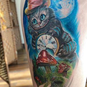 Cheshire cat and clock tattoo by brandedredart #brandedredart #Cheshirecat #clock #aliceinwonderland #madhatterhat #hat #mushroom #moon