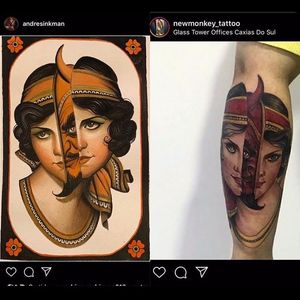Tattoo on the right is a copy of painting by Andres on the left. Sourced from IG: tattoocopycats