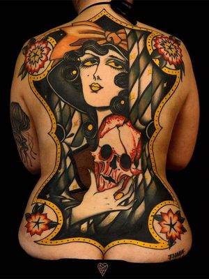 Tattoo by Marcelina Urbanska #MarcelinaUrbanska #neotraditional #traditional #illustrative #graphic #color #darkart #surreal #portrait #skull #mementomori #flower #backpiece 