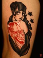 Tattoo by Marcelina Urbanska #MarcelinaUrbanska #neotraditional #traditional #illustrative #graphic #color #darkart #surreal #lady #hannya #stars