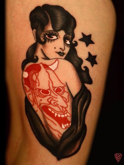 Tattoo by Marcelina Urbanska #MarcelinaUrbanska #neotraditional #traditional #illustrative #graphic #color #darkart #surreal #lady #hannya #stars