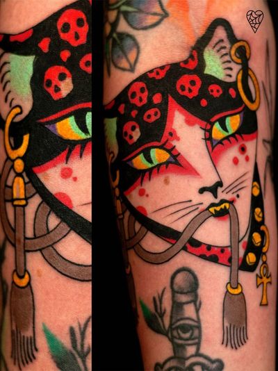 Tattoo by Marcelina Urbanska #MarcelinaUrbanska #neotraditional #traditional #illustrative #graphic #color #darkart #surreal #cat #skull