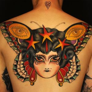 Tattoo by Marcelina Urbanska #MarcelinaUrbanska #neotraditional #traditional #illustrative #graphic #color #darkart #surreal #butterfly #ladyhead #eye #pattern #stars