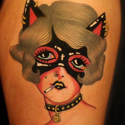 Tattoo by Marcelina Urbanska #MarcelinaUrbanska #neotraditional #traditional #illustrative #graphic #color #darkart #surreal #lady #ladyhead #portrait #cat #cigarette #mask #leather