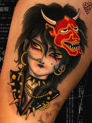 Tattoo by Marcelina Urbanska #MarcelinaUrbanska #neotraditional #traditional #illustrative #graphic #color #darkart #surreal #cross #punk #hannya #portrait