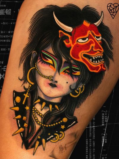 Tattoo by Marcelina Urbanska #MarcelinaUrbanska #neotraditional #traditional #illustrative #graphic #color #darkart #surreal #cross #punk #hannya #portrait