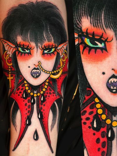 Tattoo by Marcelina Urbanska #MarcelinaUrbanska #neotraditional #traditional #illustrative #graphic #color #darkart #surreal #vampire #punk #portrait #batwings #cross