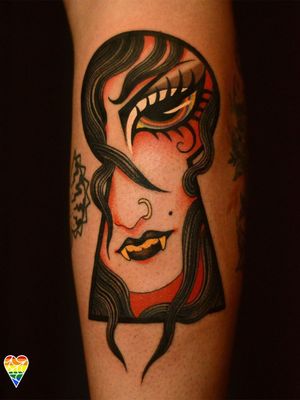 Tattoo by Marcelina Urbanska #MarcelinaUrbanska #neotraditional #traditional #illustrative #graphic #color #darkart #surreal #keyhole #portrait #vampire