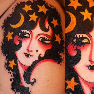 Tattoo by Marcelina Urbanska #MarcelinaUrbanska #neotraditional #traditional #illustrative #graphic #color #darkart #surreal #portrait #vampire #stars #moon