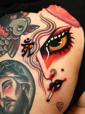 Tattoo by Marcelina Urbanska #MarcelinaUrbanska #neotraditional #traditional #illustrative #graphic #color #darkart #surreal #eye #portrait #letter #japaneseinspired #smoke #cigarette