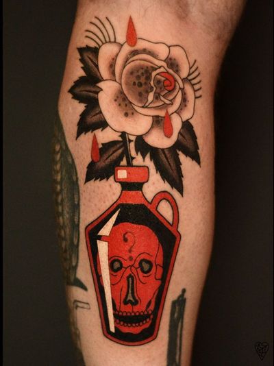 Tattoo by Marcelina Urbanska #MarcelinaUrbanska #neotraditional #traditional #illustrative #graphic #color #darkart #surreal #rose #blood #skull #vase
