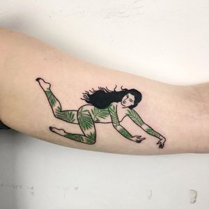 Illustrative tattoo by Mab Matiere Noire #MabMatiereNoire #illustrative #linework #nature #expressive #lady #plants #pinup #dance 