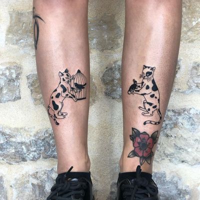 Illustrative tattoo by Mab Matiere Noire #MabMatiereNoire #illustrative #linework #japaneseinspired #nature #expressive #cats #bird #birdcage #blackwork