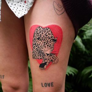 Illustrative tattoo by Mab Matiere Noire #MabMatiereNoire #illustrative #linework #japaneseinspired #nature #expressive #leopard #cat #heart