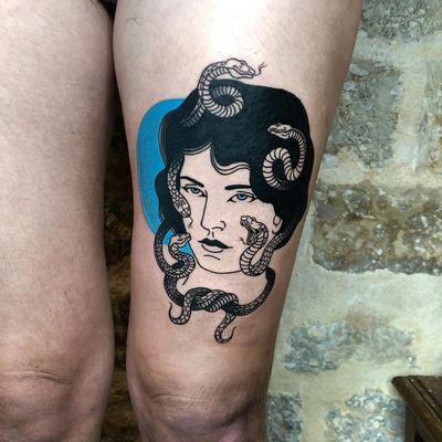 Illustrative tattoo by Mab Matiere Noire #MabMatiereNoire #illustrative #linework #japaneseinspired #nature #expressive #lady #ladyhead #portrait #medusa #snakes
