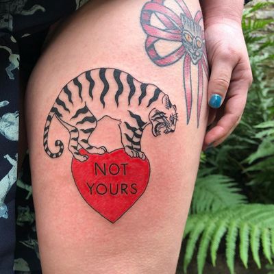 Illustrative tattoo by Mab Matiere Noire #MabMatiereNoire #illustrative #linework #nature #expressive #tiger #heart #notyours