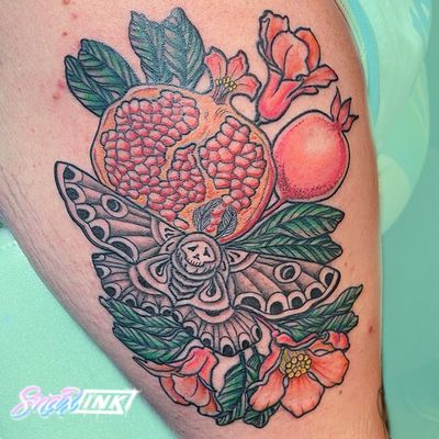 Tattoo by Debbi Snax #DebbiSnax #illustrative #deathmoth #moth #fruit #flower #pomegranate #insect #nature #plant