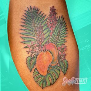 Tattoo by Debbi Snax #DebbiSnax #illustrative #mango #plant #fruit #food #color #leaves #palm #tattoosondarkskin #colortattoosondarkskin