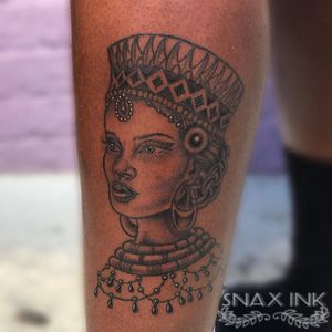Tattoo by Debbi Snax #DebbiSnax #illustrative #portrait #ladyhead #crown #pearls #gems #ornamental #blackqueen #blackgoddess #tattoosondarkskin