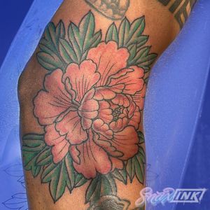Tattoo by Debbi Snax #DebbiSnax #illustrative #peony #flower #japaneseinspired #color #tattoosondarkskin #colortattoosondarkskin