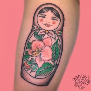 Tattoo by Debbi Snax #DebbiSnax #illustrative #orchid #russiandoll #face #cute #russian #flower