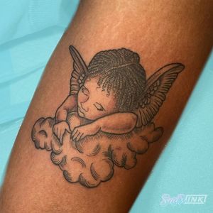 Tattoo by Debbi Snax #DebbiSnax #illustrative #cherub #angel #portrait #cloud #cute #tattoosondarkskin #wings 