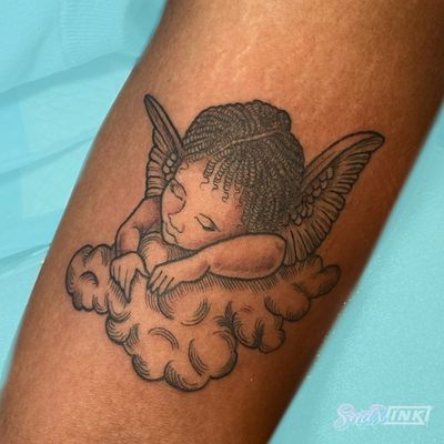 Tattoo by Debbi Snax #DebbiSnax #illustrative #cherub #angel #portrait #cloud #cute #tattoosondarkskin #wings 