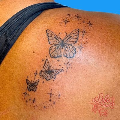 Tattoo by Debbi Snax #DebbiSnax #illustrative #butterly #insect #sparkle #stars #tattoosondarkskin