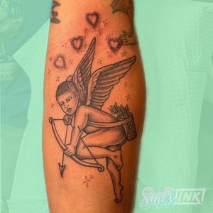 Tattoo by Debbi Snax #DebbiSnax #illustrative #angel #cherub #wings #hearts #bowandarrow #sparkle #tattoosondarkskin
